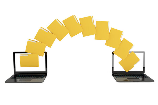 Two laptop computers with folders transferring between each othe