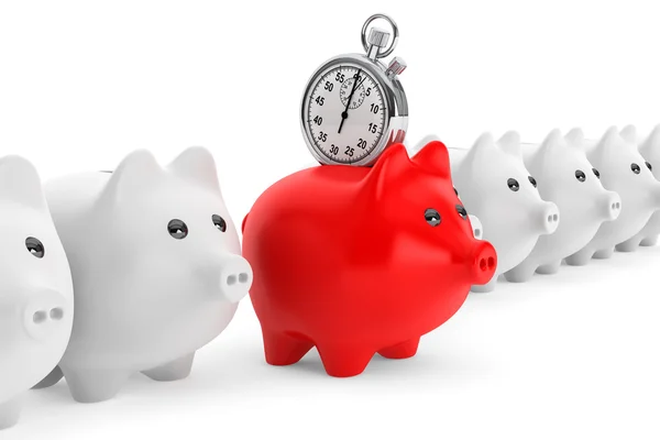 Time Save Concept. Red Piggy Bank with Stopwatch — Stock Photo, Image