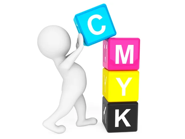 3d pessoa colocando CMYK Cubos — Fotografia de Stock