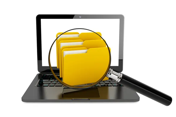 Laptop computer with folders and magnifier — Stock Photo, Image