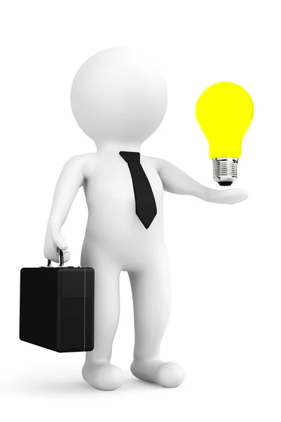 3d person businessman with idea bulb over hand — Stock Photo, Image