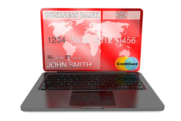 E-kereskedelem fogalmát. laptop számítógép és a hitelkártya — Stock Fotó