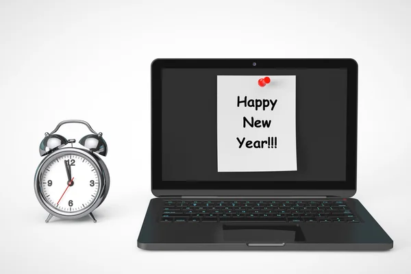 Dizüstü bilgisayar ve mutlu yeni yıl işareti ile çalar saat — Stok fotoğraf
