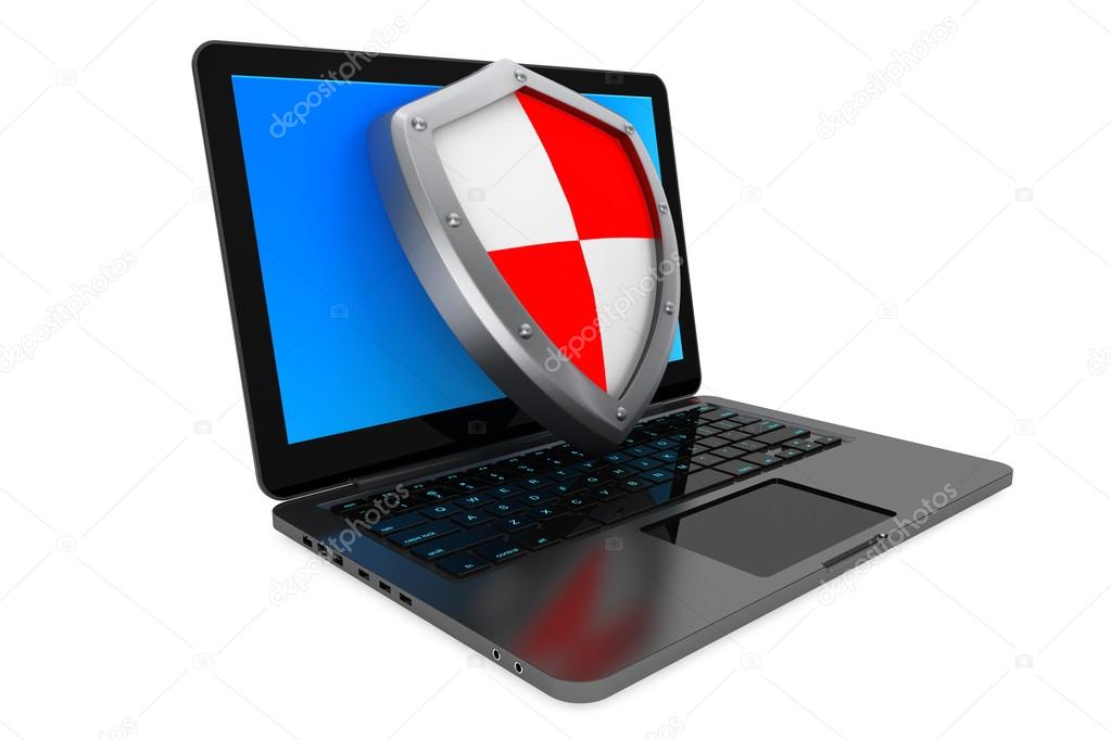 Antivirus concept. Laptop computer protected by shield