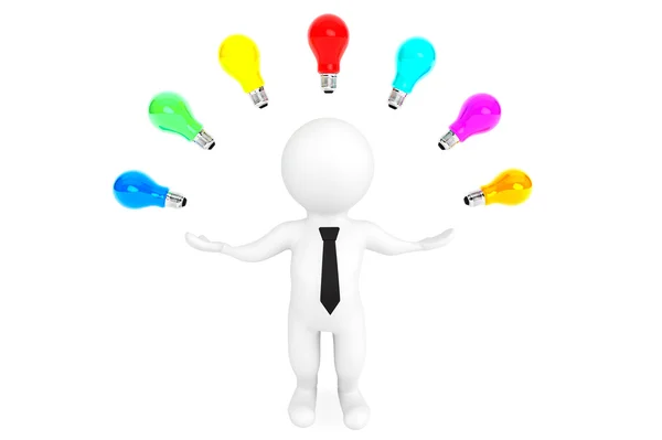 Multicoloured Idea bulbs around 3d person — Stock Photo, Image