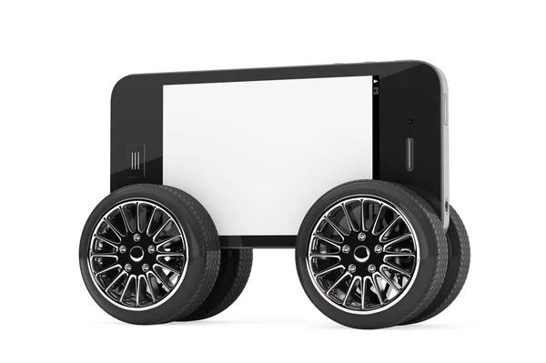 Teléfono móvil con pantalla en blanco sobre ruedas —  Fotos de Stock