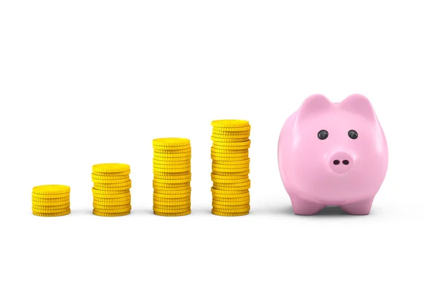 Golden dollar coin stacks with pink piggy bank — Stock Photo, Image