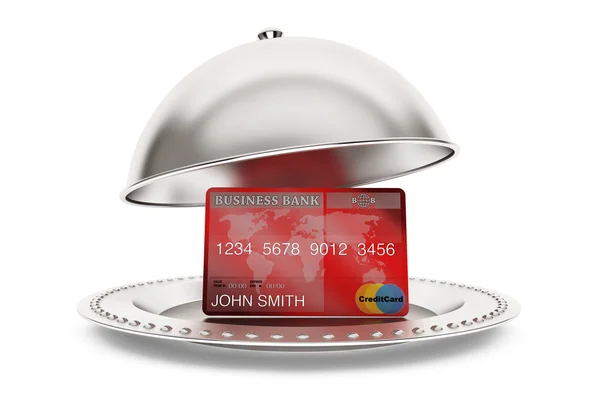 Silver Restaurant cloche with credit card — Stock Photo, Image