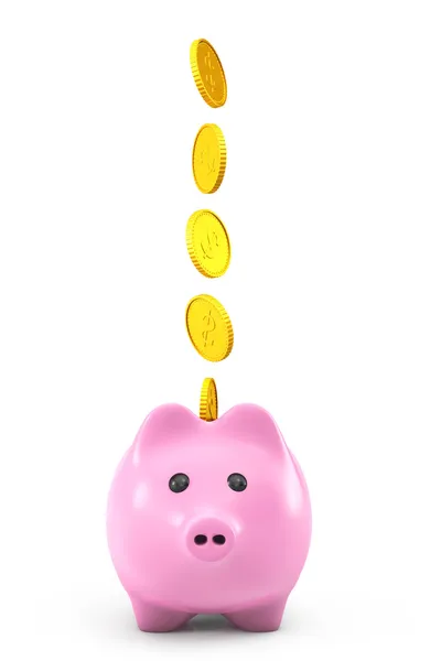 Golden dollars coins falling into a pink piggy bank — Stock Photo, Image