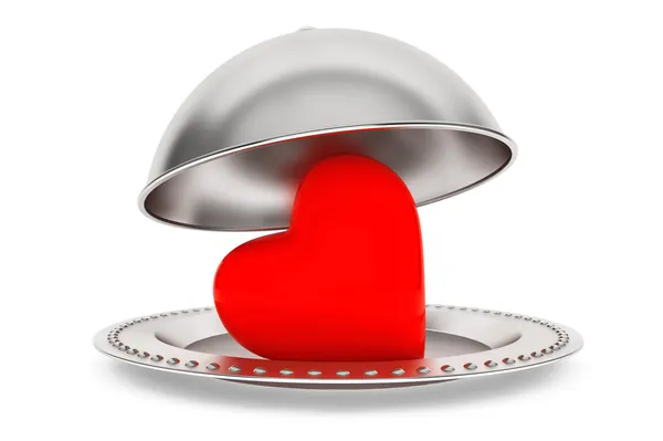 Love concept. Silver Restaurant cloche with heart — Stock Photo, Image