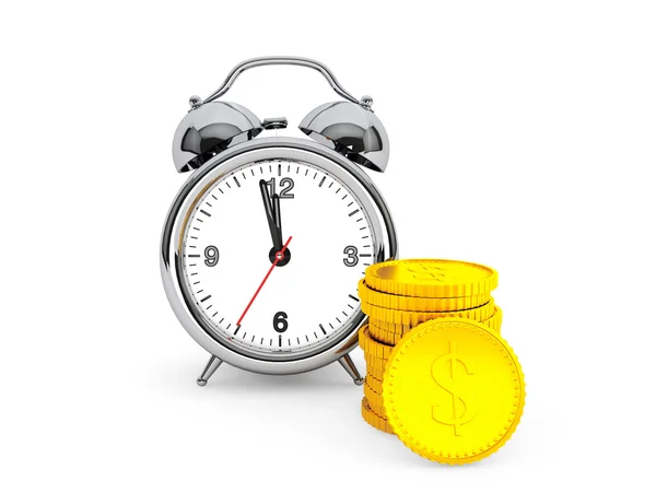 Tempo é conceito de Dinheiro. Relógio de alarme com moeda de ouro — Fotografia de Stock