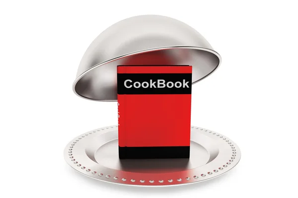 Cloche de restaurante plateado con libro de cocina —  Fotos de Stock