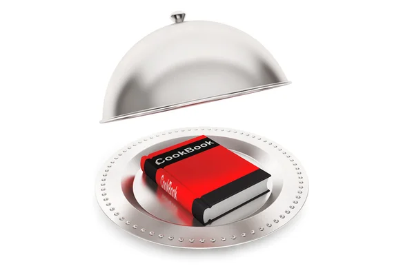 Cloche de restaurante plateado con libro de cocina — Foto de Stock