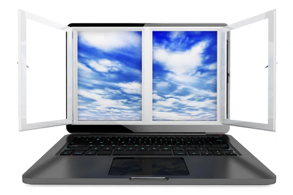 Laptop mit geöffnetem Fenster und Himmelsblick — Stockfoto