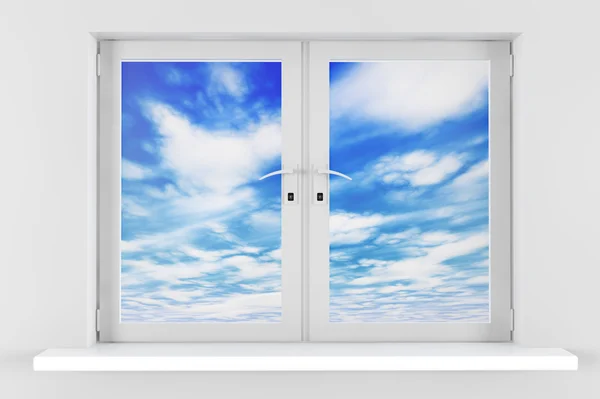 Blauwe hemel met wolken gezien door raam — Stockfoto