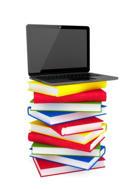 e-öğrenme kavramı. renkli kitap yığını üstünde laptop