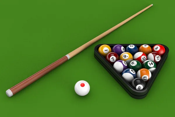 Boules de billard brillantes avec queue — Photo