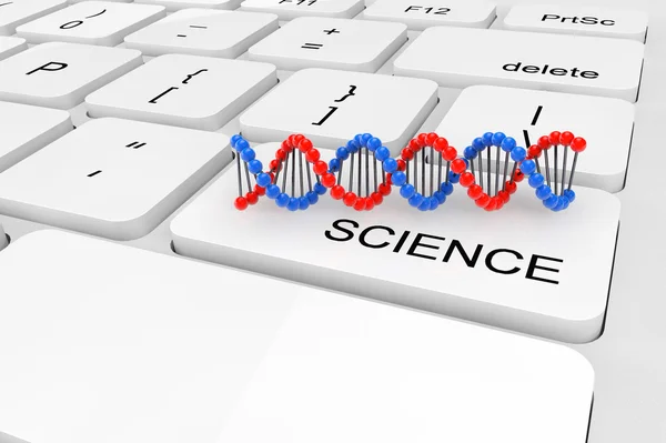 Extreme Nahaufnahme verdrehte DNA-Kette auf einer Tastatur — Stockfoto