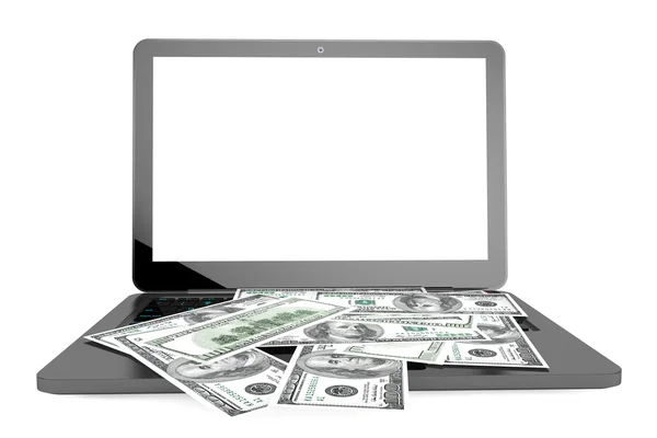 Laptop moderno com notas de dólar — Fotografia de Stock