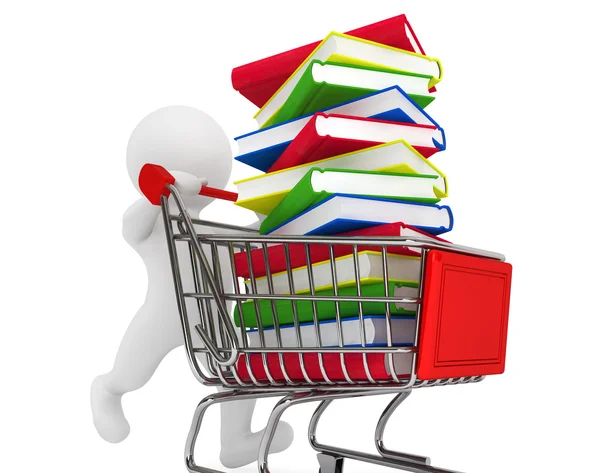 3d persona spingendo carrello della spesa con libri — Foto Stock