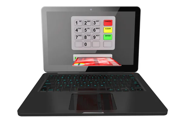 Moderní přenosný počítač s bankomatem a kreditní karty — Stock fotografie