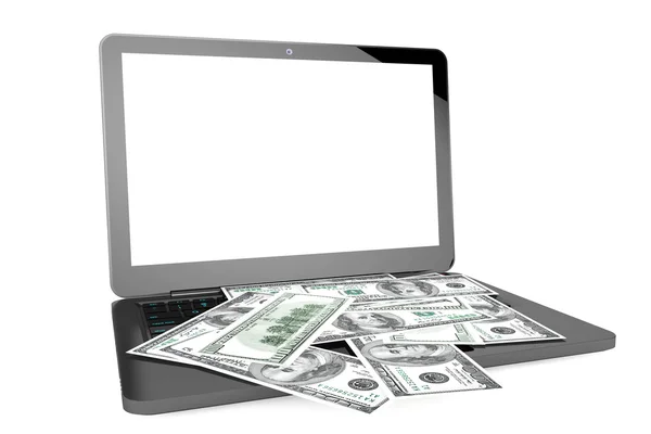 Laptop moderno com notas de dólar — Fotografia de Stock