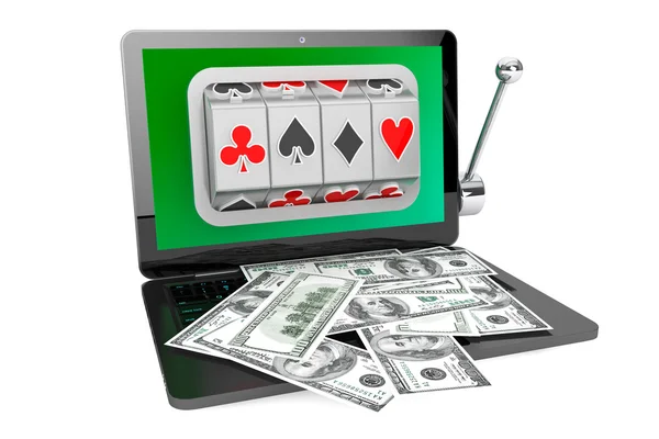 Slot machine inside laptop with dollars — Stock Photo, Image