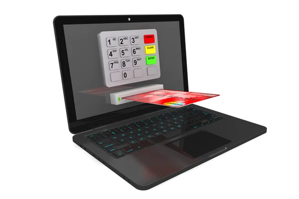 Laptop moderno com caixa eletrônico e cartão de crédito — Fotografia de Stock