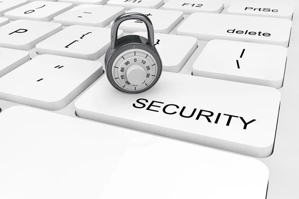 Extreme closeup chrome padlock on a keyboard — Stock Photo, Image