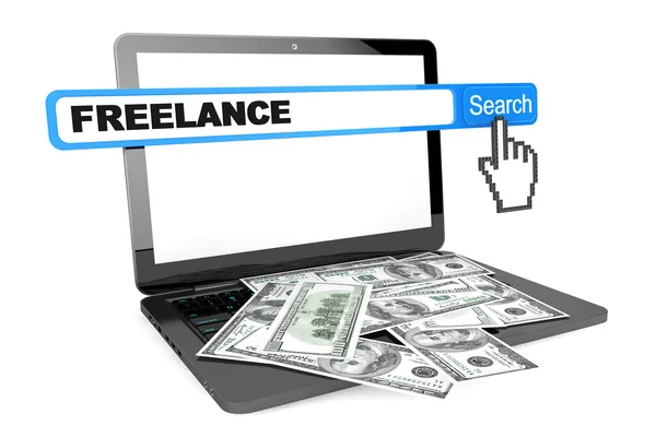 Conceito freelance. laptop moderno com dinheiro e pesquisa freelance — Fotografia de Stock