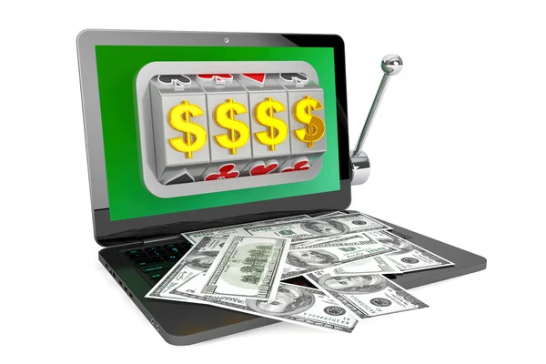 Slotmachine in laptop met dollars — Stockfoto