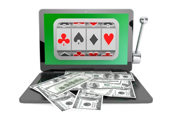 Slot machine inside laptop with dollars — Stock Photo, Image