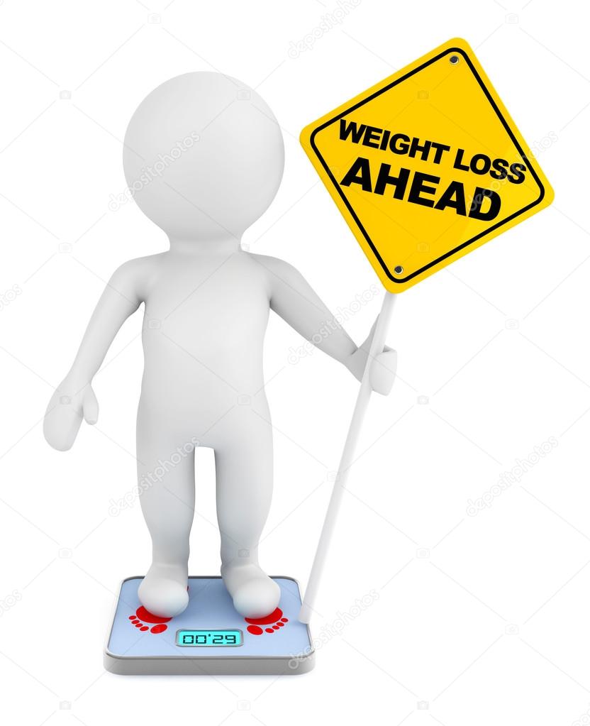 3d person over weight scale with Weight Loss Ahead traffic sign 