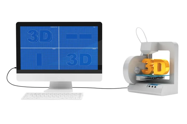 3D принтер, подключенный к настольному компьютеру — стоковое фото