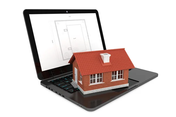 3D dům nad laptop s plán projektu domu — Stock fotografie