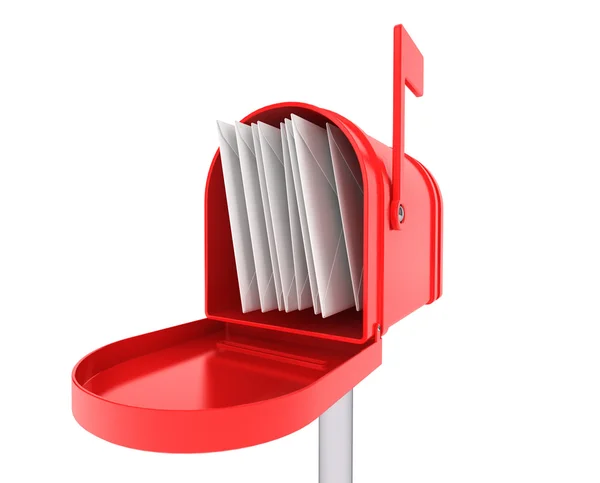 Roter Briefkasten mit Stapel von Briefen — Stockfoto