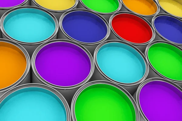 Extremo primer plano latas de pintura de colores — Foto de Stock