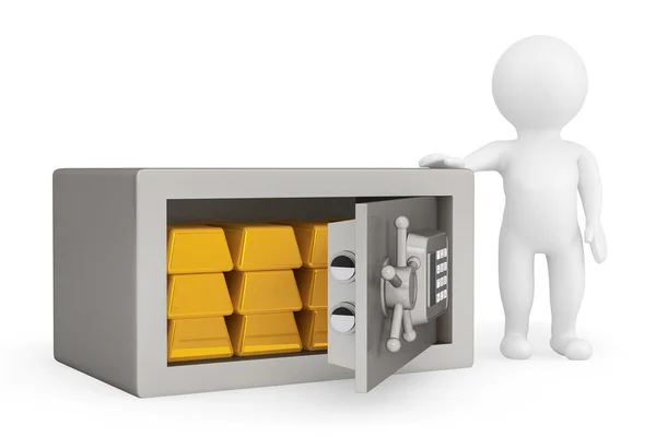 3d Person with Security metal safe and golden bars — Stock Photo, Image