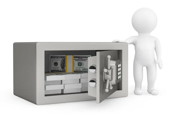 3d persona y seguridad de metal caja fuerte con dinero — Foto de Stock