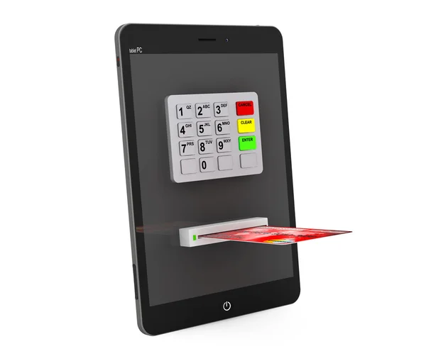 Concept de paiement en ligne. Tablette PC avec distributeur automatique et carte de crédit — Photo
