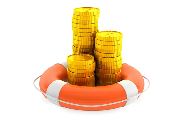 Pilhas de moedas com bóia salva-vidas — Fotografia de Stock