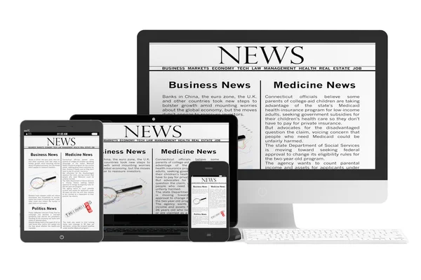 Mobile News Concept. Desktop computer, notebook, tablet pc and m — Stock Photo, Image