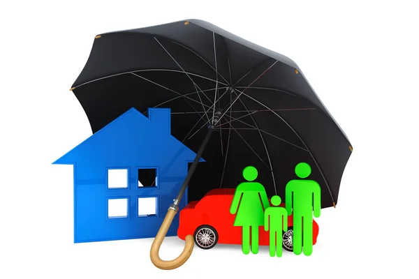 Paraguas negro cubre el hogar, coche y personas — Foto de Stock