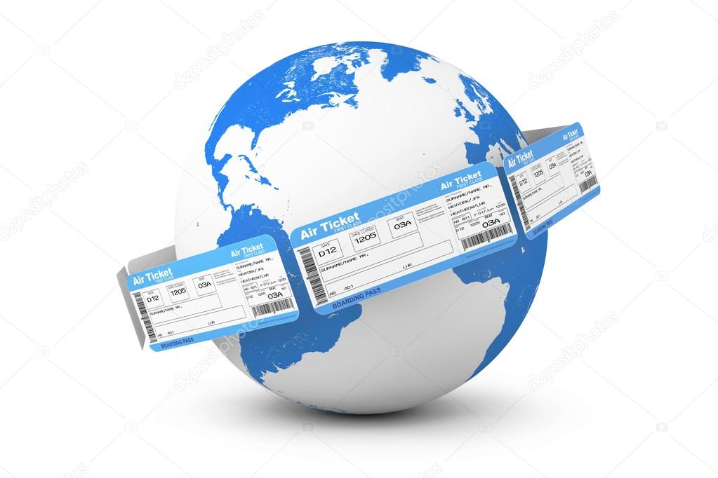Online booking concept. Air tickets around Earth Globe