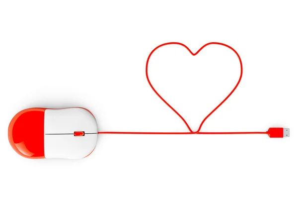 Ratón de ordenador y cables en forma de corazón sobre un blanco —  Fotos de Stock