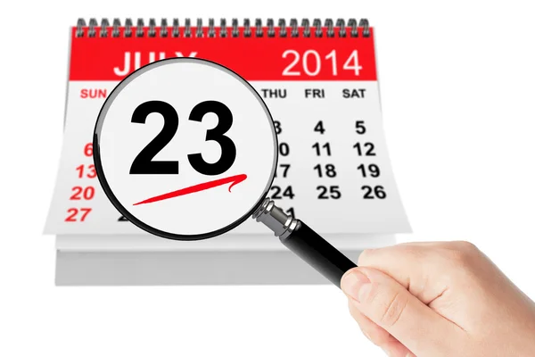 National Hot Dog Day Concept. 23 July 2014 calendar with magnifi — Stock Photo, Image
