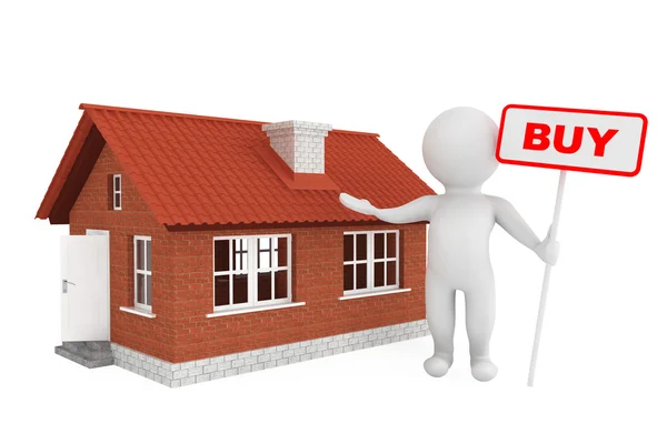 3d Person with Buy Banner and Brick House — Stock Photo, Image