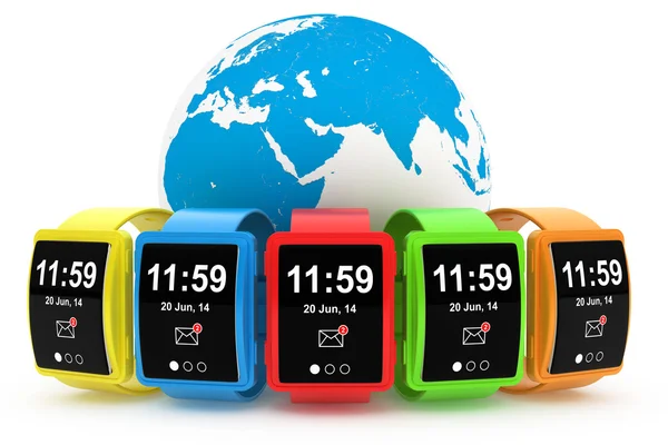 Big conceptual multicolour smart watches with Earth Globe — Stock Photo, Image