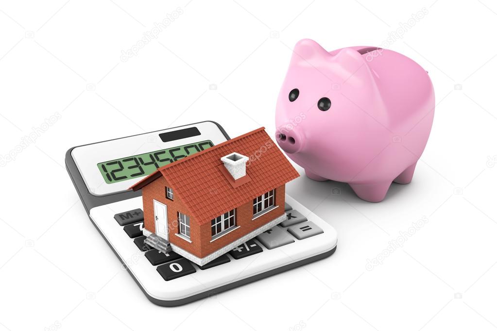 Real Estate Concept. House with calculator and Piggy Bank