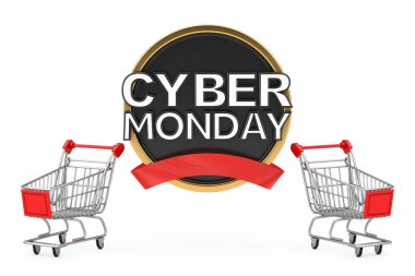 Beyaz bir arka planda Siber Pazartesi Satış Sancağıyla Alışveriş Arabası Tramvayı. 3d Hazırlama